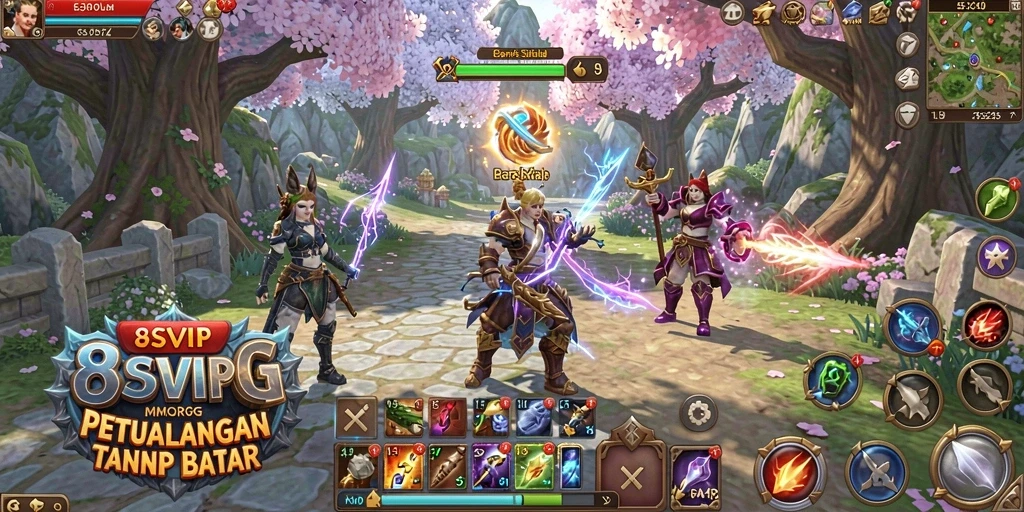 Tangkapan layar menampilkan pertarungan epik dalam game MMORPG.