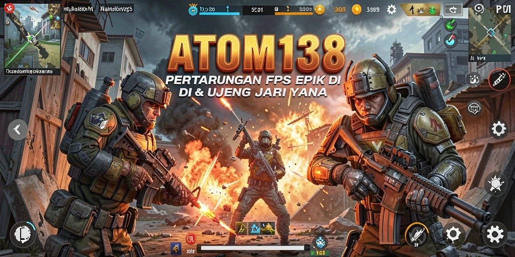 Tangkapan layar utama ATOM138 menampilkan aksi pertempuran FPS yang intens.