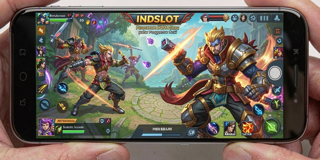 Screenshot gameplay INDSLOT menampilkan pertarungan seru di arena MOBA.