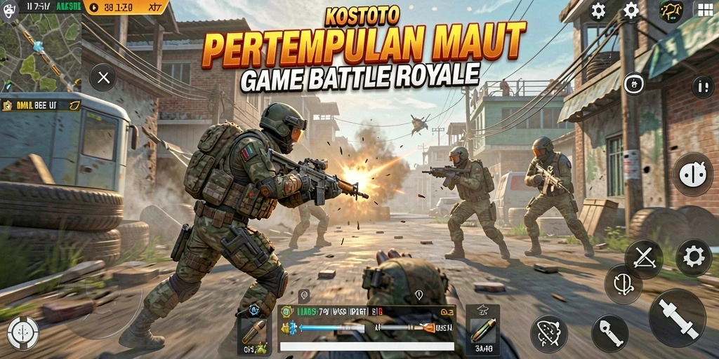 Screenshot dari gameplay KOSTOTO menampilkan momen seru pertempuran Battle Royale.