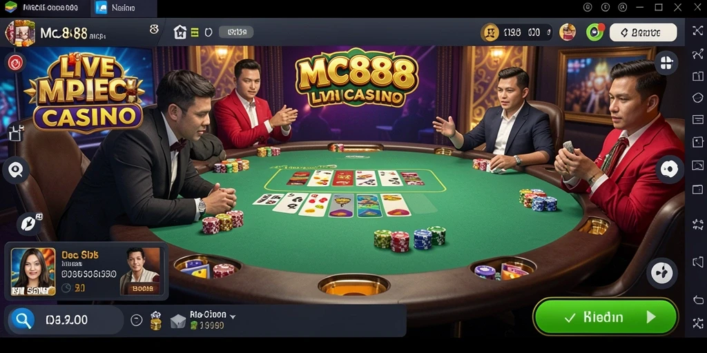 Screenshot gameplay Live Casino menunjukkan dealer profesional dan suasana permainan yang dinamis.