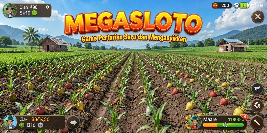 Tangkapan layar gameplay MEGASLOTO yang menampilkan kebun subur.