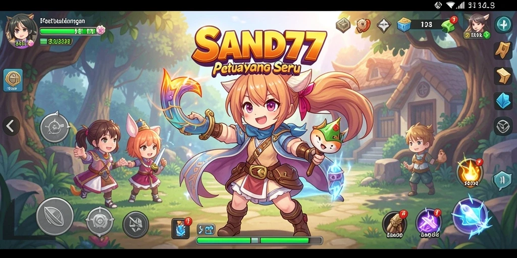 Screenshot gameplay SAND77 menampilkan karakter anime yang bertarung.
