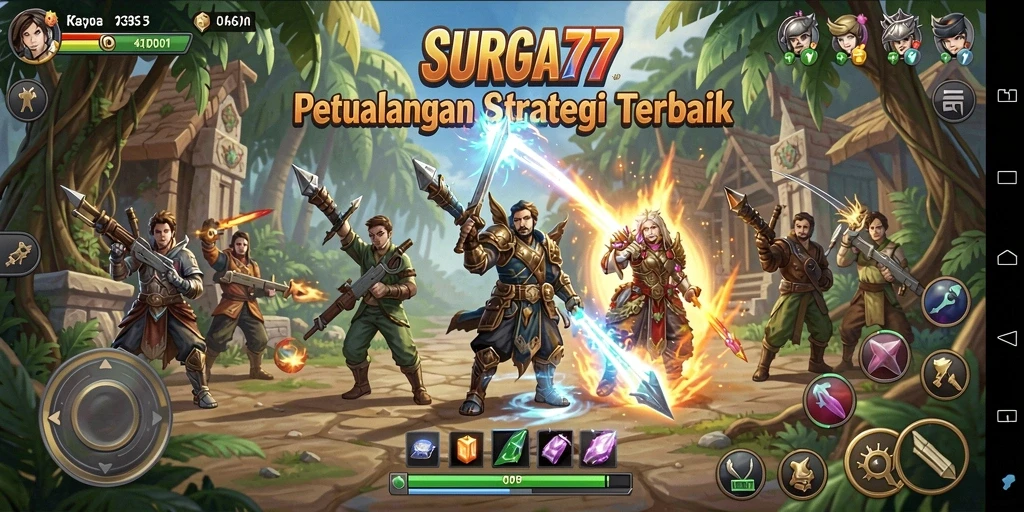 Screenshot menunjukkan pertempuran strategis di SURGA77.